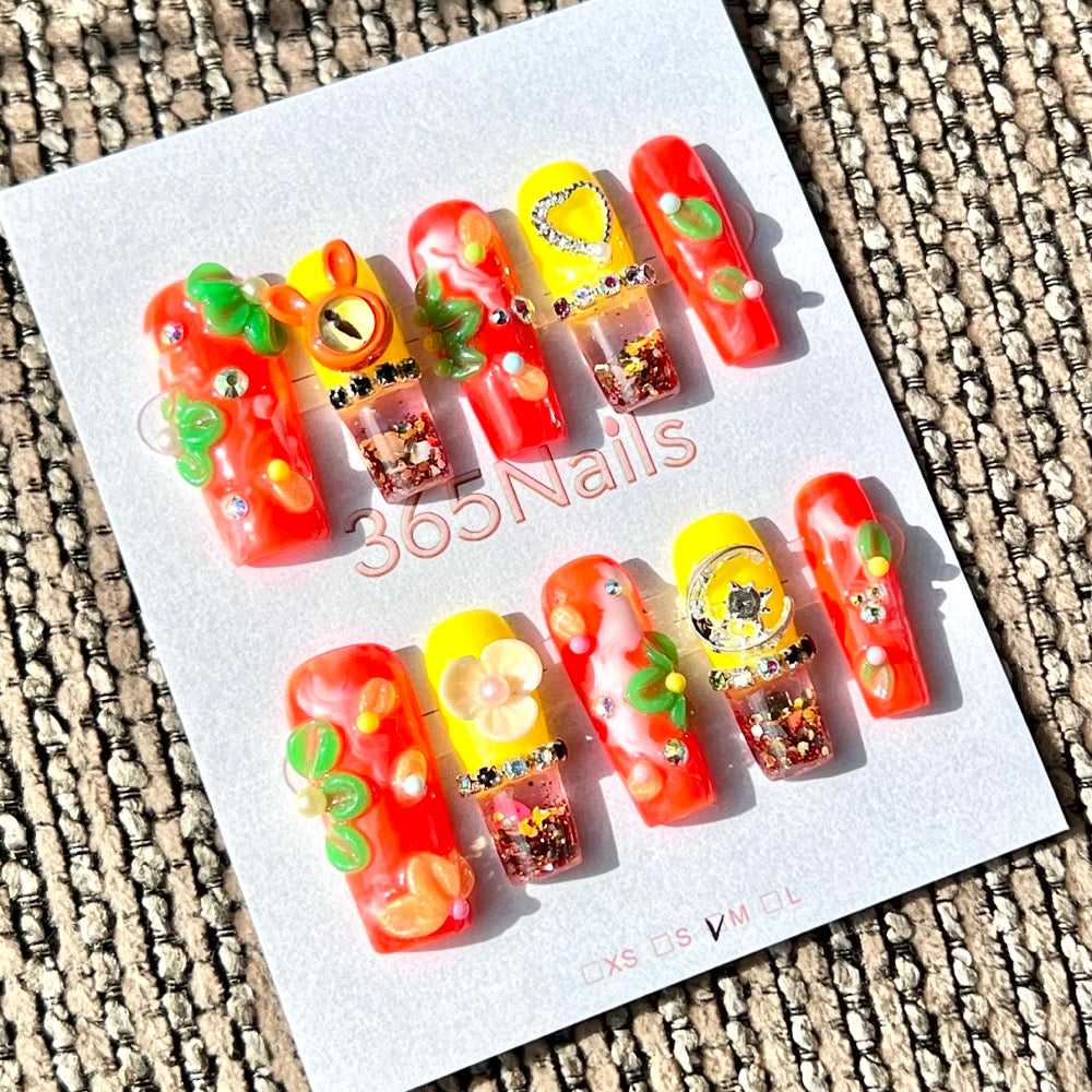 365nails: "Sunset Bunny Charm" – Handmade Liquid Motion Press-On Medium Square Nails-3cm