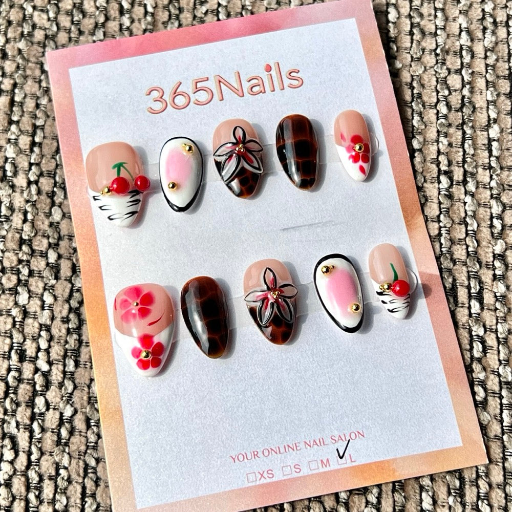 365nails: "Nude Brown Cherry Flower Mix" – Handmade Short Almond Press-On Nails