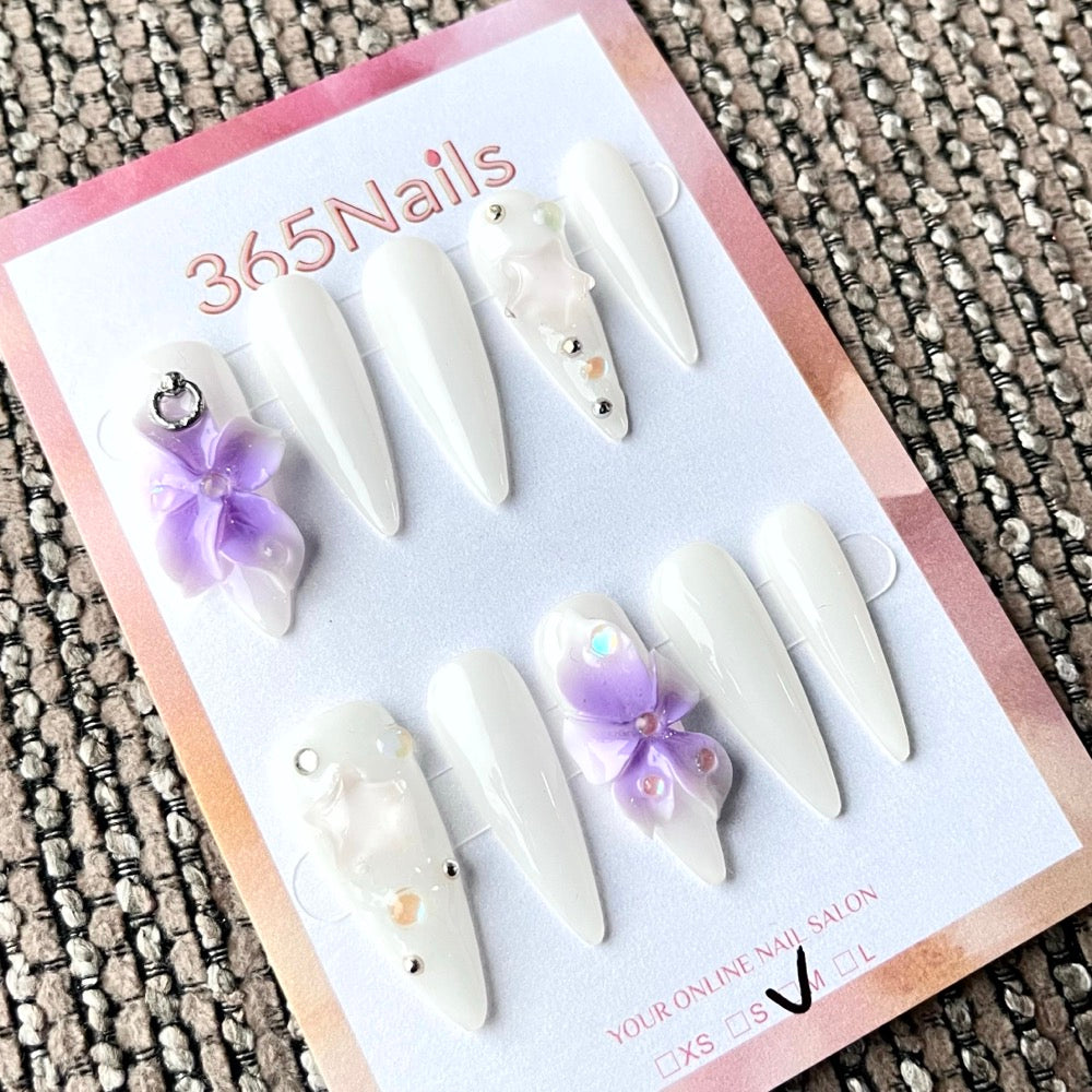 365nails: "Ethereal Bloom" – Unhas Stiletto Feitas à Mão com Flores 3D