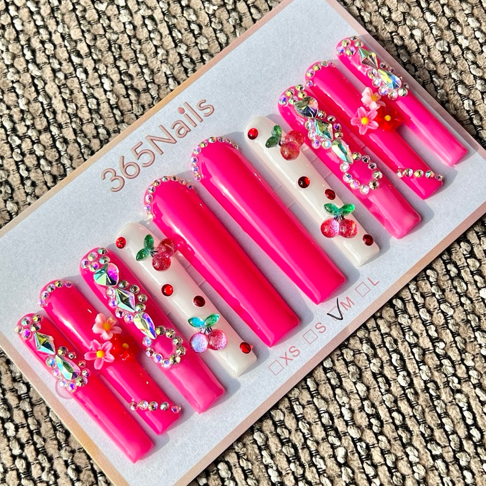 365nails: 핑크 체리 플라워 라인스톤 수제 롱 사다리꼴형 프레스온 네일