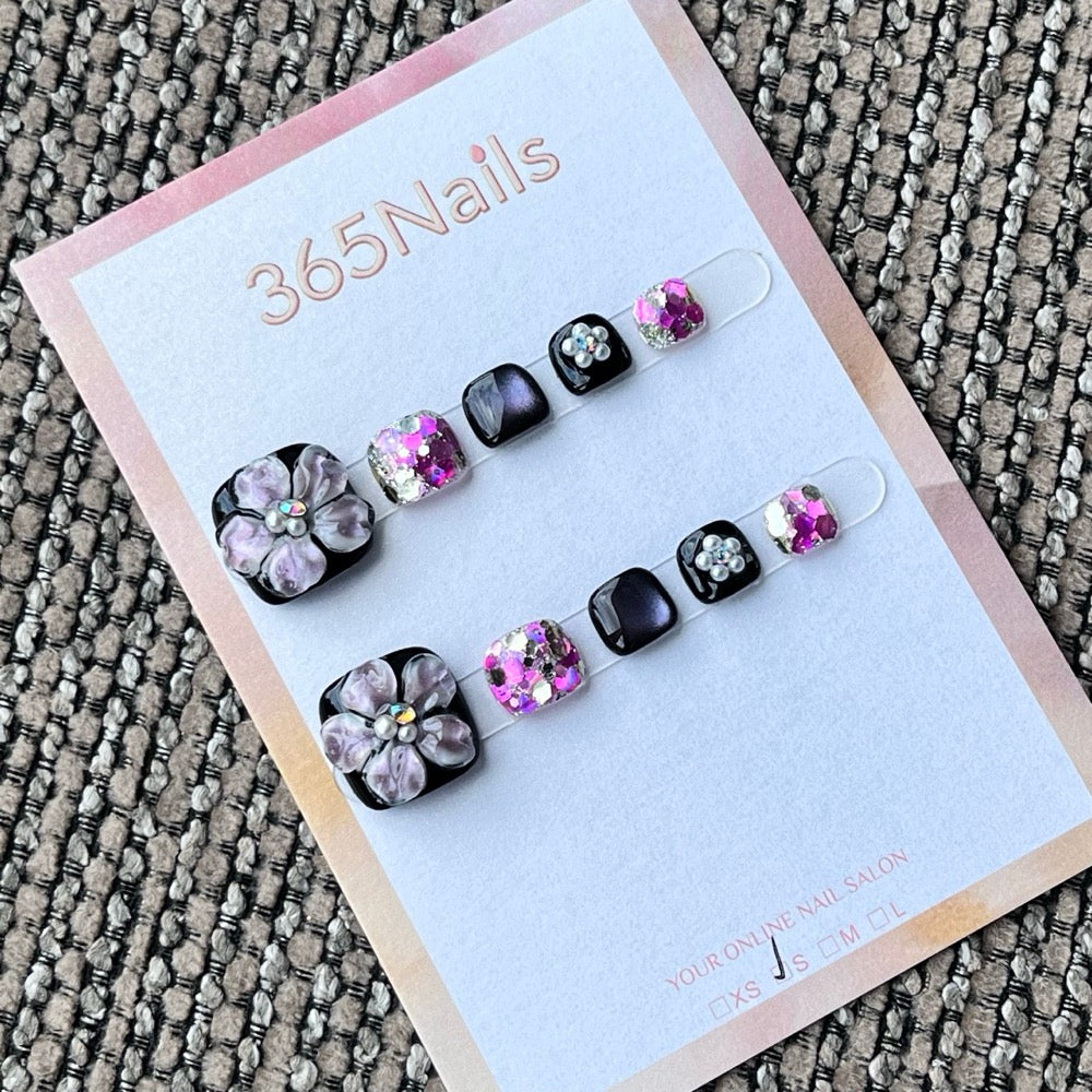 Midnight Purple 3D Floral Glitter Press-On Toenails