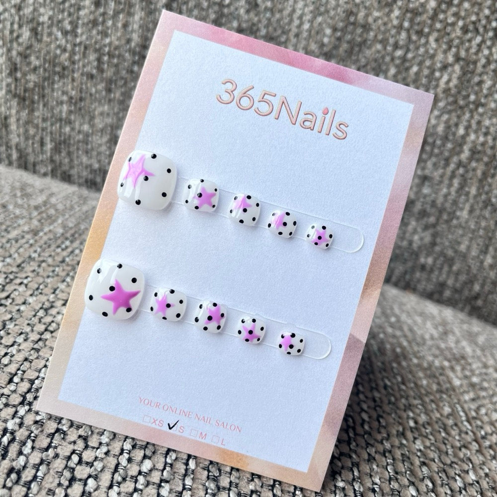 Pink Star Polka Dot White Press-On Toenails
