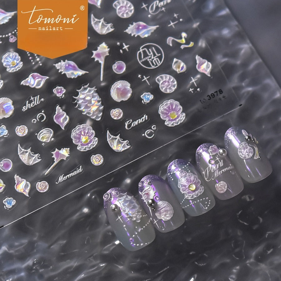 Holographic Mermaid & Shell Nail Stickers – 5D Embossed Ocean Treasure Set