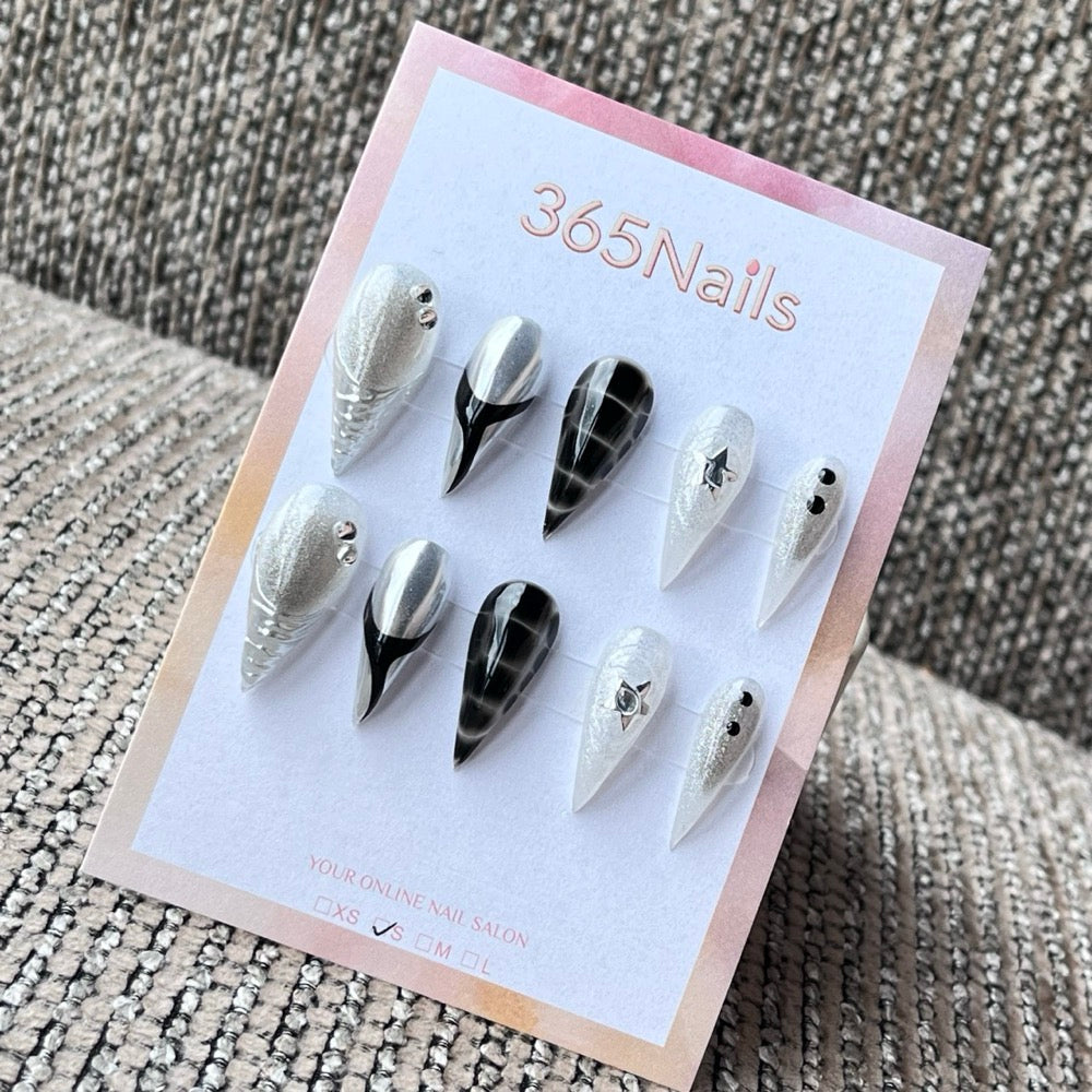 Glam Silver & Black Stiletto Press-On Nails with Charms