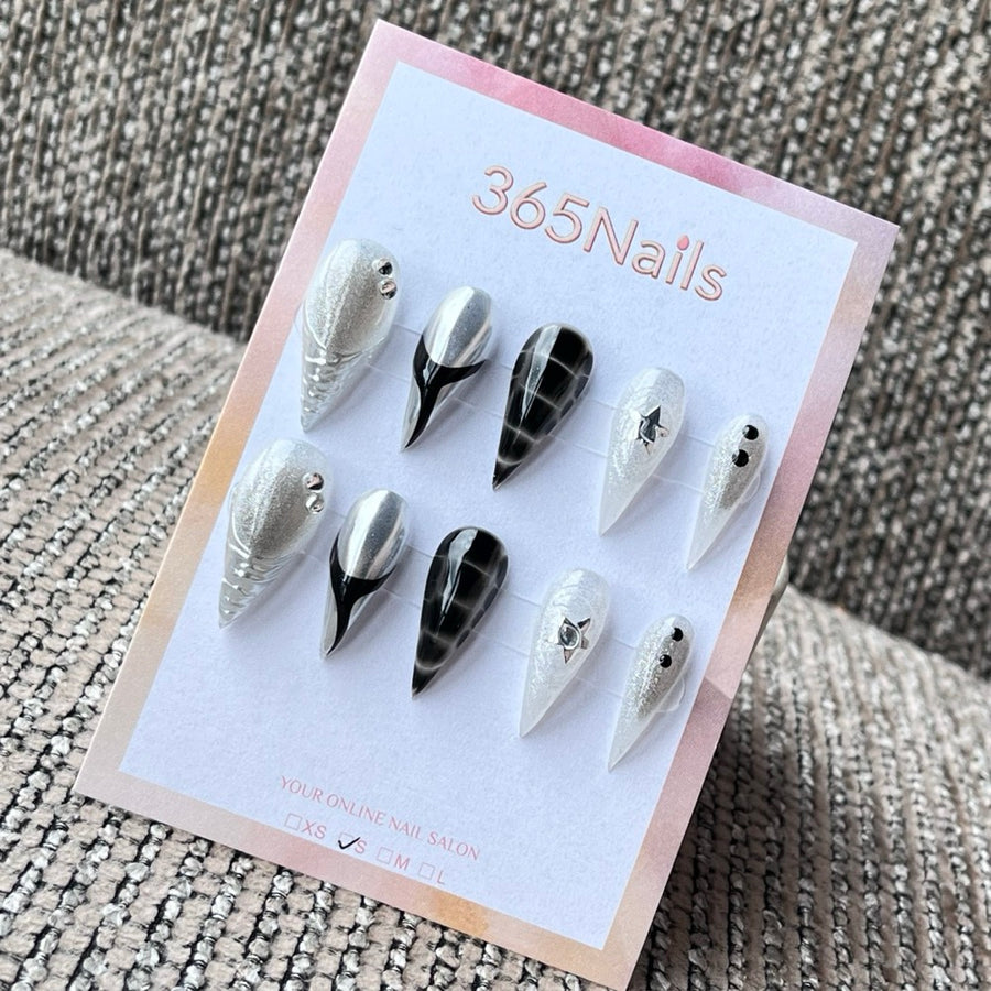 Glam Silver & Black Stiletto Press-On Nails with Charms