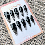 Femme Fatale: "Gothic Veil" – Black Ombre with Floral Lace Overlay & Silver Cone Spikes Long Stiletto Nails