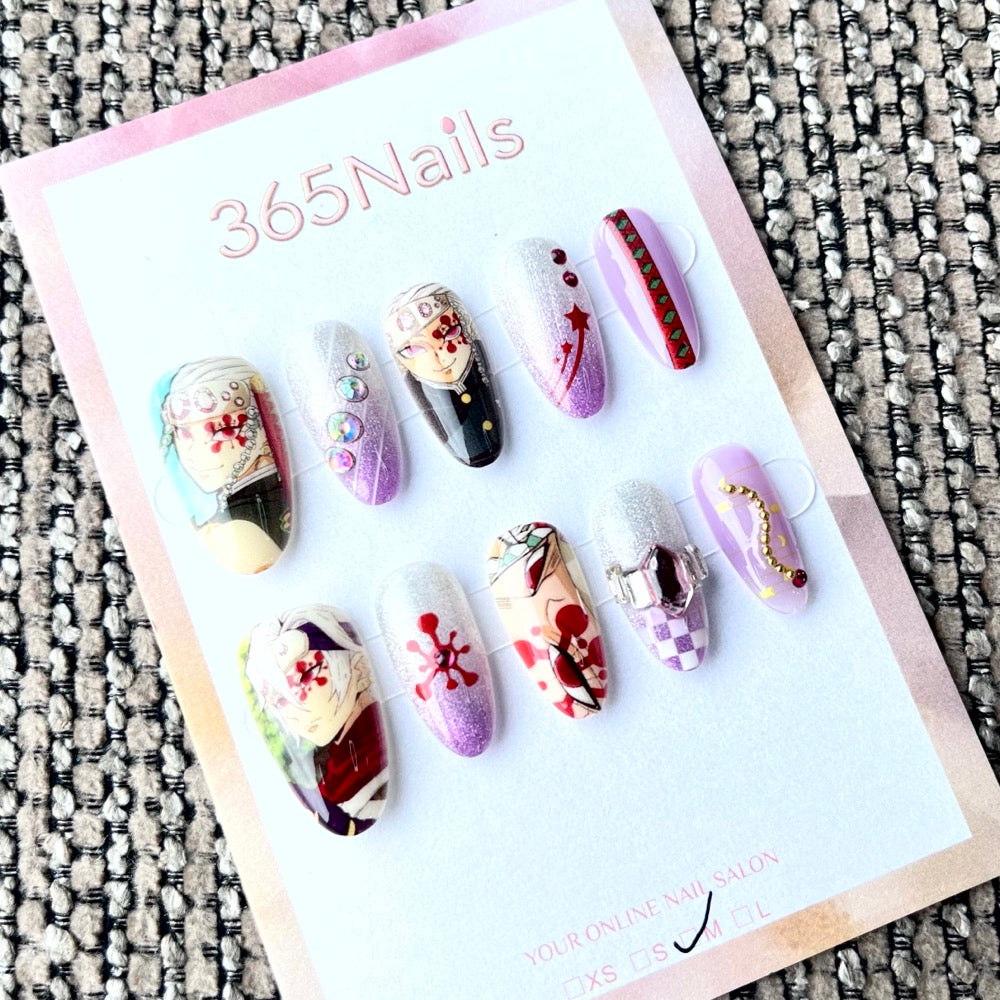365nails: "Demon Slayer Tengen Uzui" – Handmade Short Almond Press-On Nails
