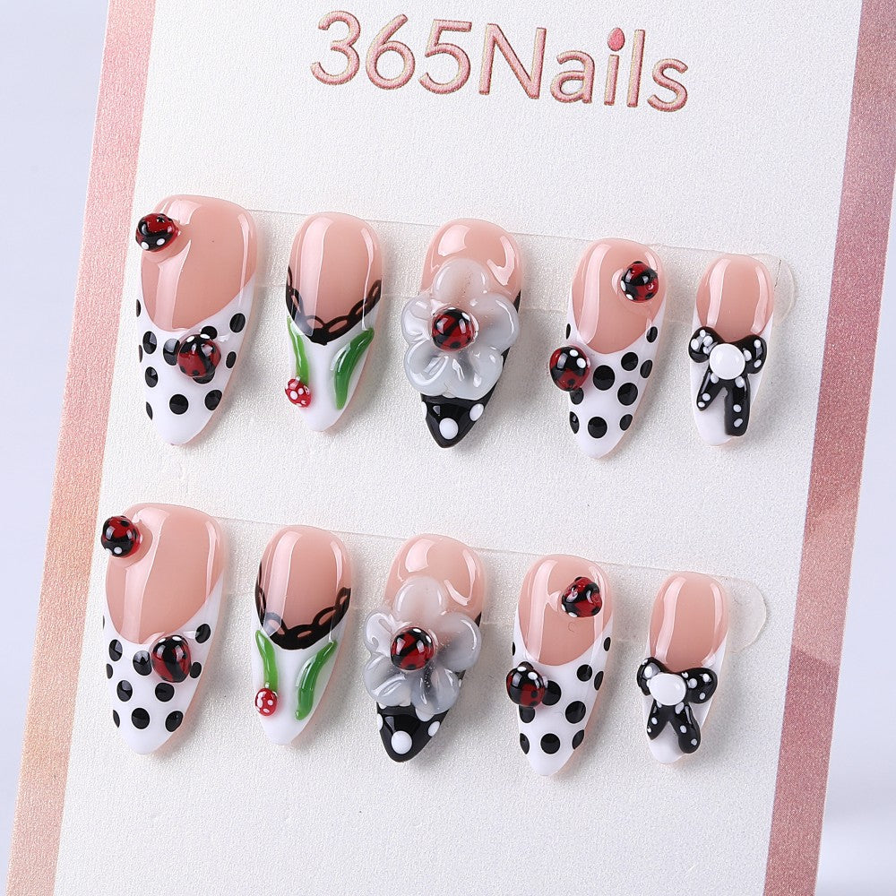 Polka Dot Ladybug Knot French Sweet Cool Medium Almond press on nail