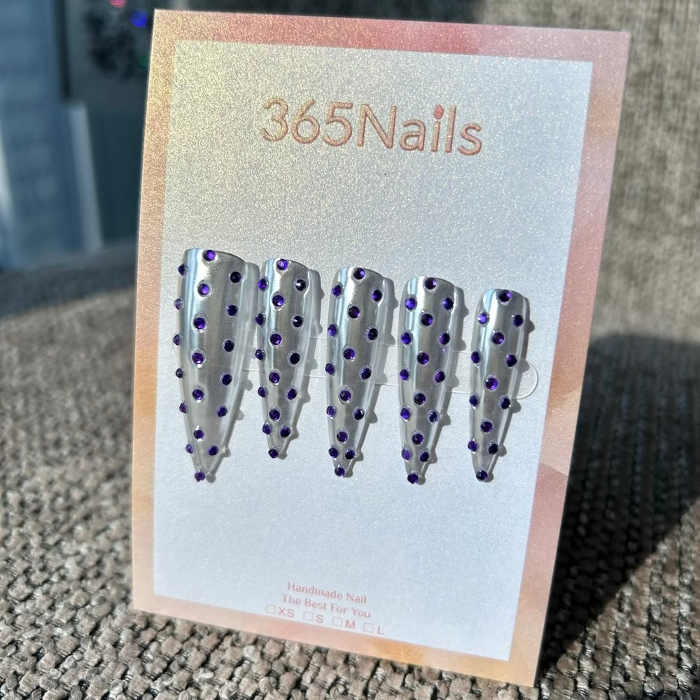 Violet Studded Chrome Press On Nails｜Metallic Silver Stiletto | Crystal Armor Series