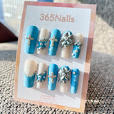 Sculpted Flora: "Denim Baroque & Silver Rose" – 3D Metallic Silver Flower & Cross Charms on Textured Denim Blue Coffin Nails
