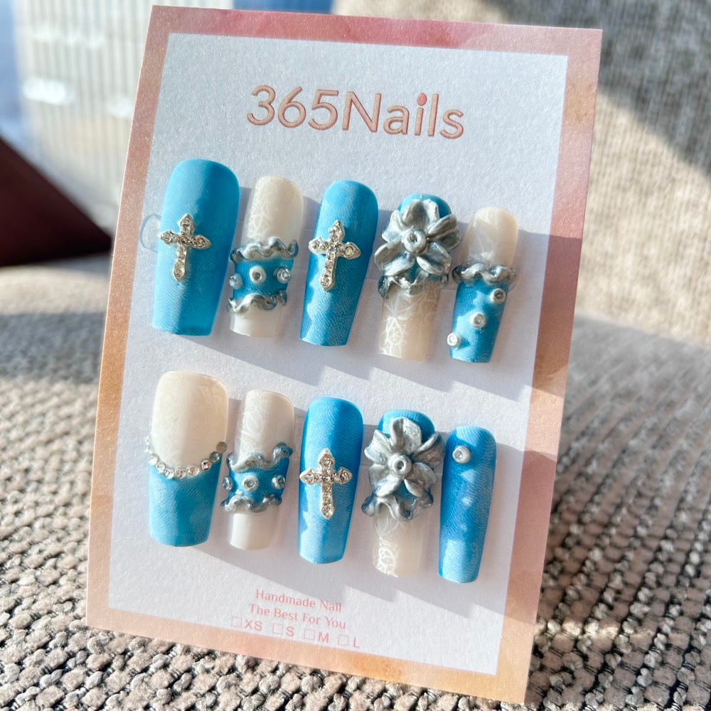 Sculpted Flora: "Denim Baroque & Silver Rose" – 3D Metallic Silver Flower & Cross Charms on Textured Denim Blue Coffin Nails