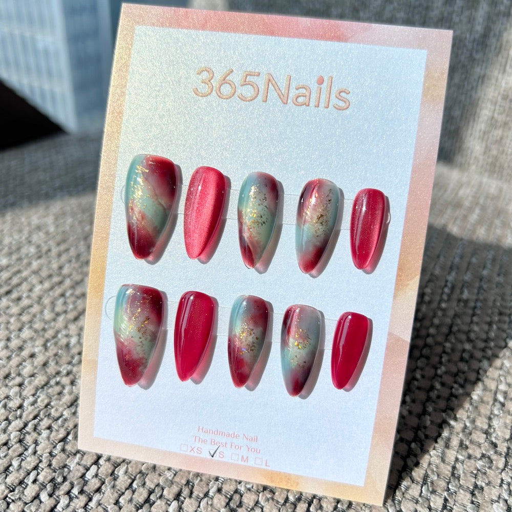 Ethereal Ink: "Crimson Jade Ink" – Deep Magenta & Teal Green Artistic Marble with Gold Foil Almond Nails