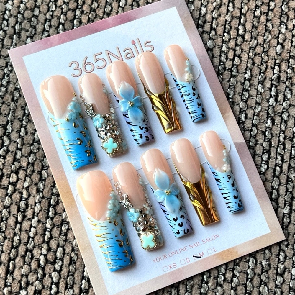 Aqua Gilded Lace - Blue Gold Floral Press-On Nails