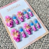 Sculpted Flora: "Tropical Sunset Tiger" – 3D Yellow-Pink Floral & Blue Ombre Animal Print Long Square Nails