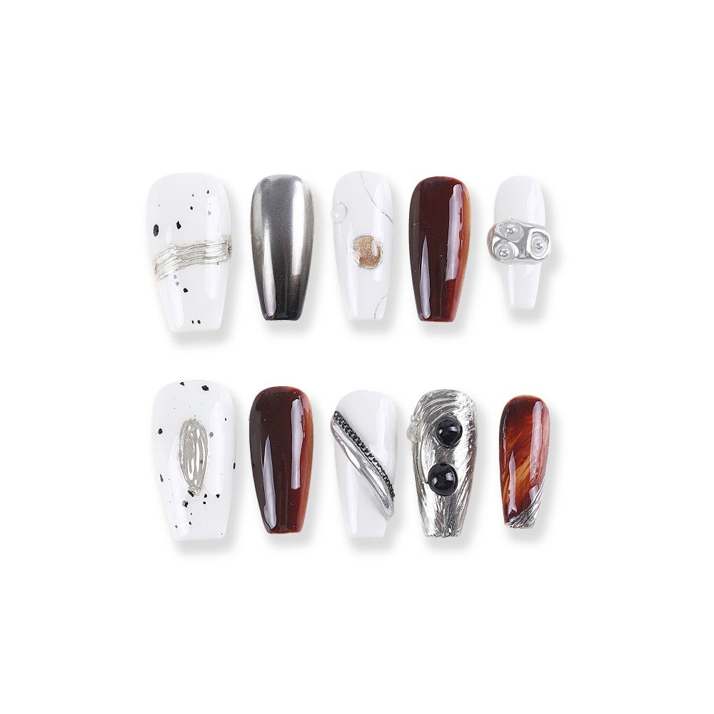 White, Silver, and Brown Metallic Art Press-On Nails