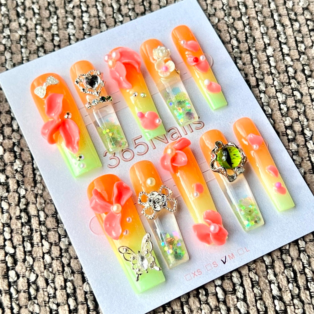 365nails: "Sunset Citrus Bloom" – Handmade Liquid Motion Press-On Medium Square Nails-4cm