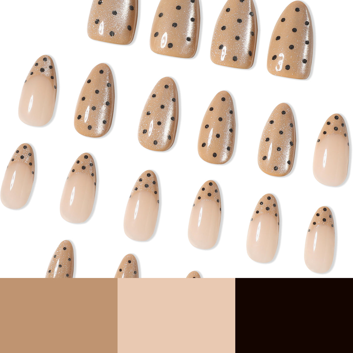Many nude dotted press-on nails laid out with beige, nude and black color swatches below