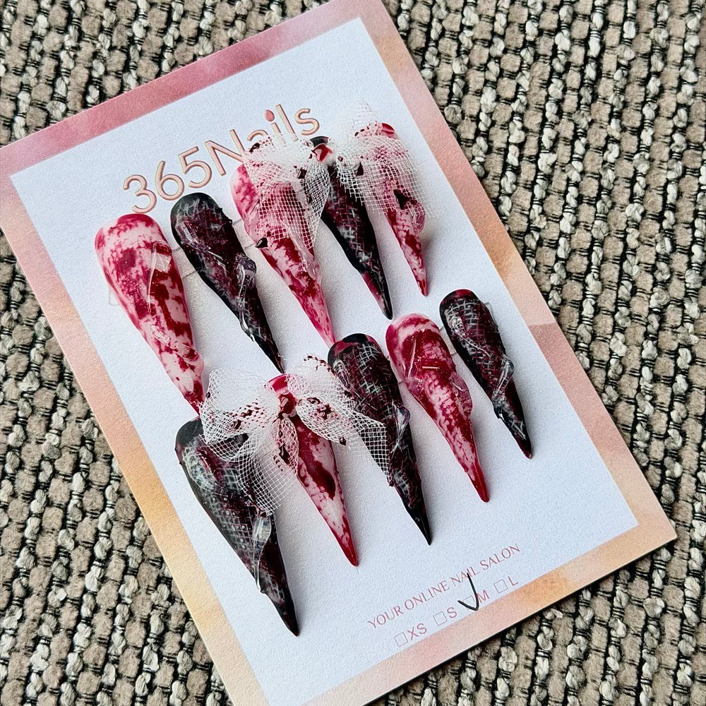 365nails: "Bloody Mesh Bow Grunge" – 3D Gauze Bow Handmade Long Stiletto Nails