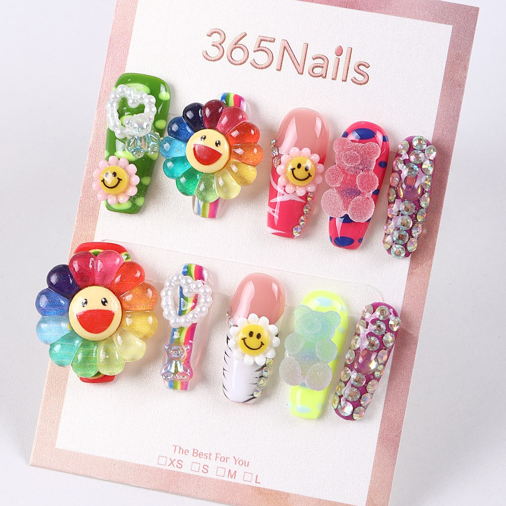 365Nails Rainbow Smiley Flower Press-On Nails with Jelly Charms and Crystals