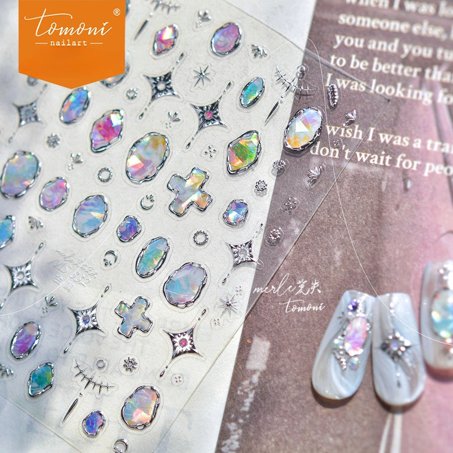 Metallic Iridescent Gem Collection: "Luxury Iridescent Gem & Star" – 3D Embossed Nail Sticker