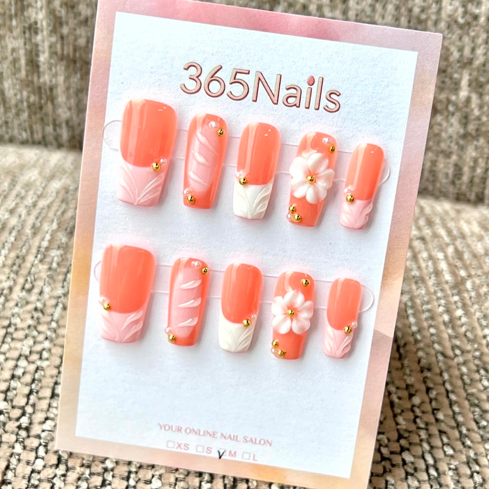 "Peach French Flower" - Wholesale Ultra-Soft Flexible Fit Handmade Nails (MOQ=100)