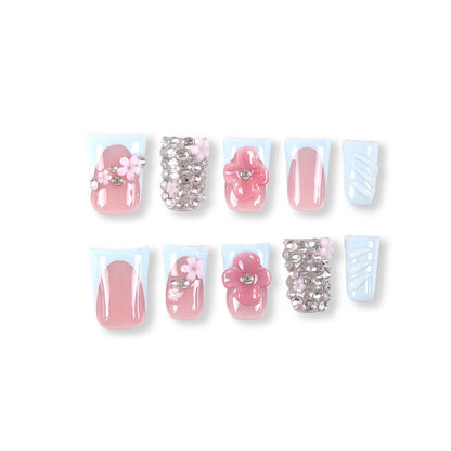 365nails icy-blue French with jelly blossom and rhinestones press-ons