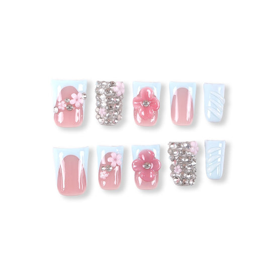 365nails icy-blue French with jelly blossom and rhinestones press-ons