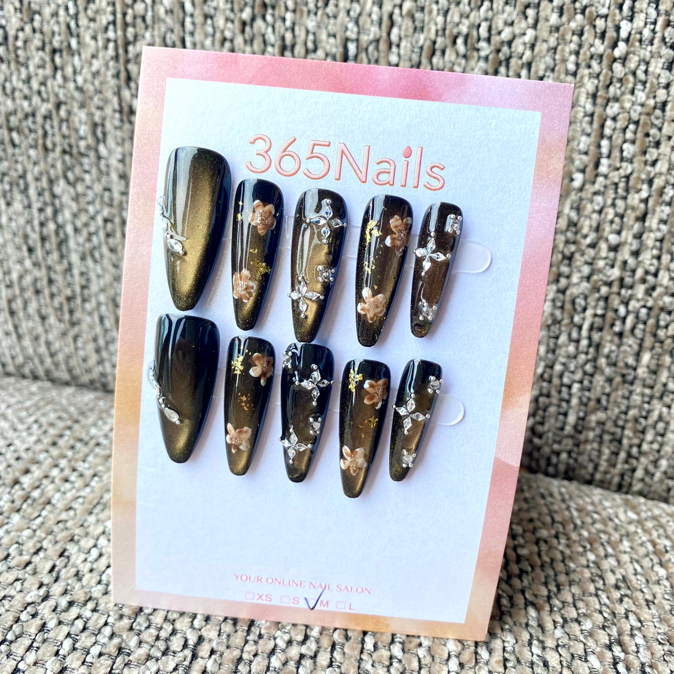365nails: "Golden Night Bloom" – Floral Rhinestone Handmade Stiletto Nails
