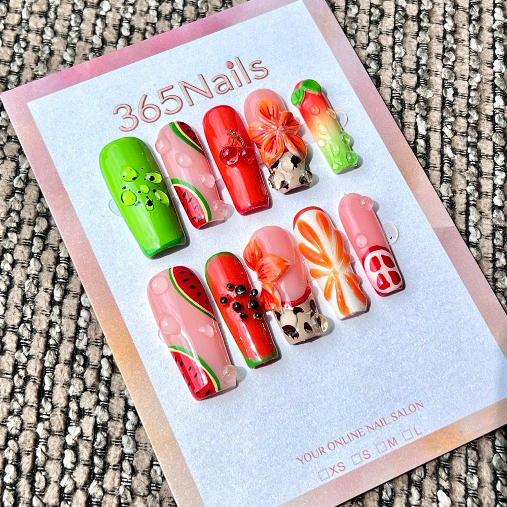 365nails: "Fruit Splash" – 3D Sculpted Handmade Long Square Press On Nails