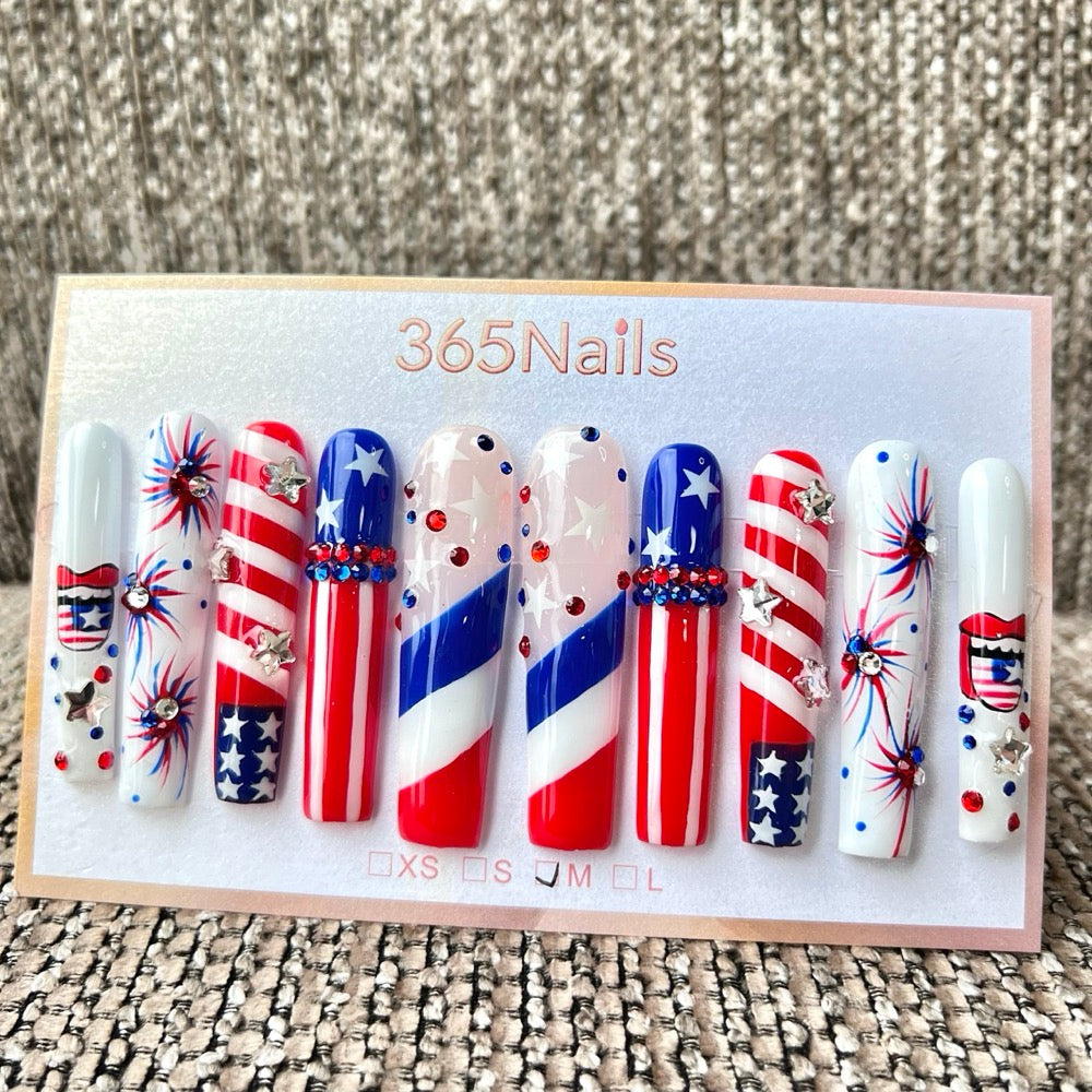 Handmade Independence Day Stars and Fireworks Long Press-On Nails 5.5cm (High Quality/Custom/10pcs)