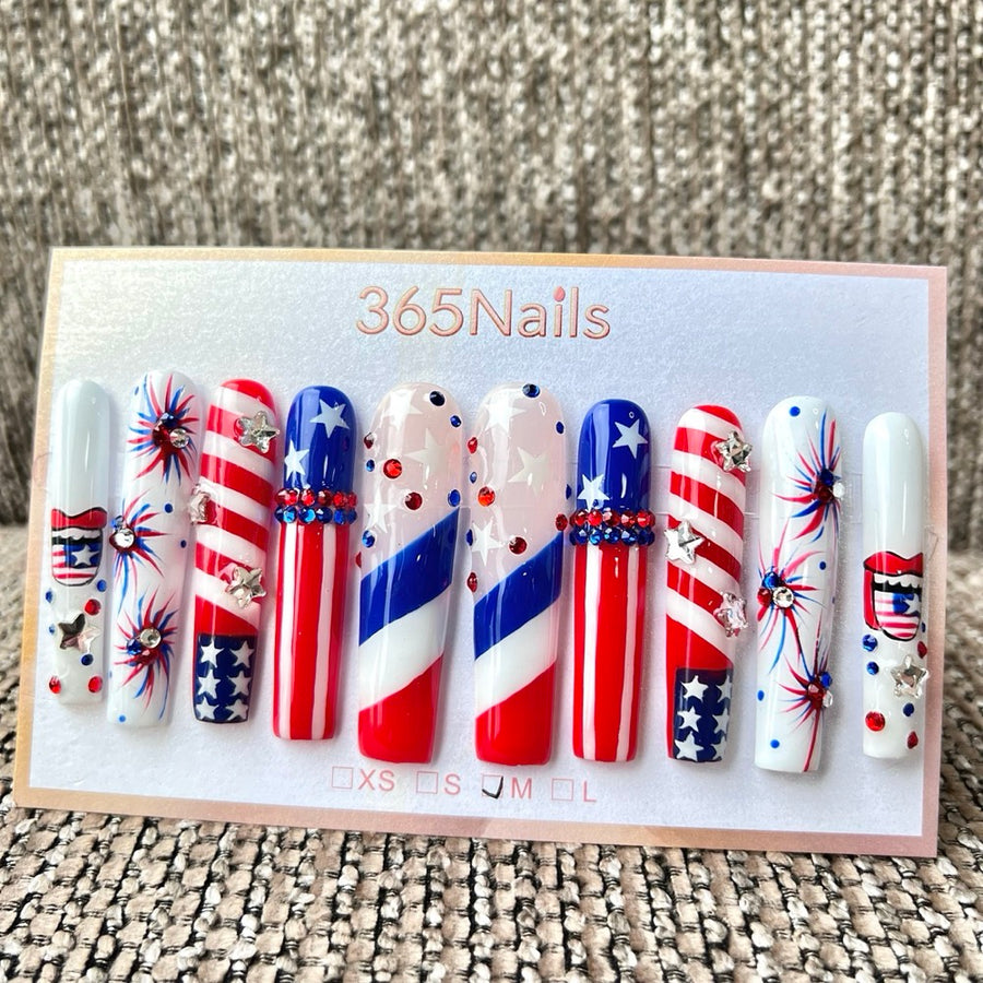 Handmade Independence Day Stars and Fireworks Long Press-On Nails 5.5cm (High Quality/Custom/10pcs)