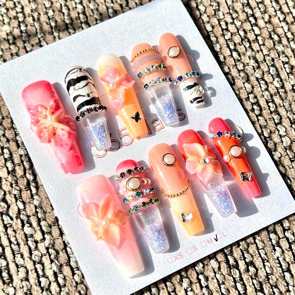 365nails: "Tropical Sunset Orchid" – Handmade Liquid Motion Press-On Medium Square Nails-3.5cm