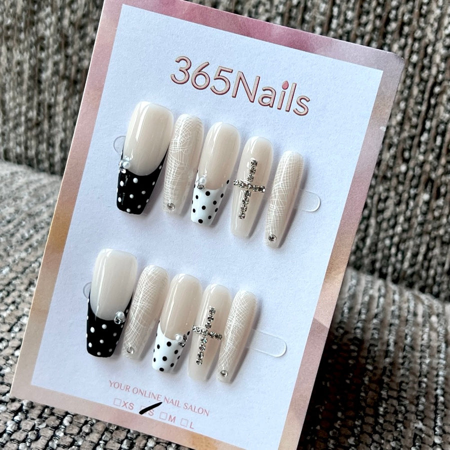 Ivory Lace Cross - Nude Polka Dot French Press-On Nails