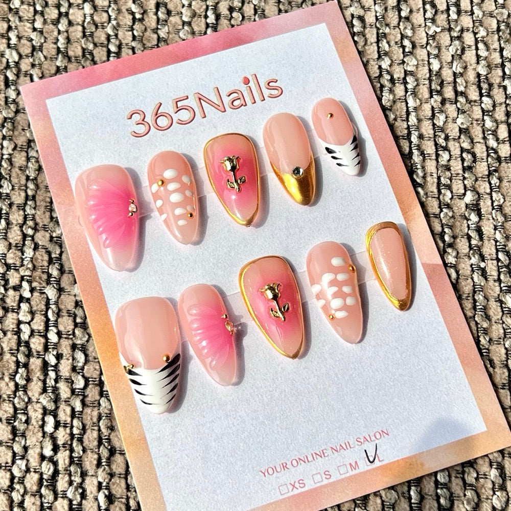 365nails: "Nude Pink Rose Gold Mix" – Handmade Medium Stiletto Press-On Nails