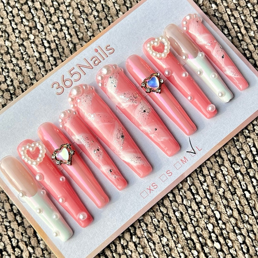 365nails: "Pink Heart Pearl" – Handmade Long Stiletto Press-On Nails