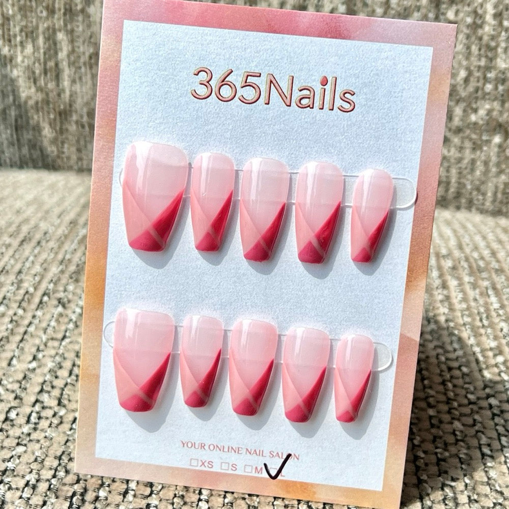 365nails: "Burgundy V-Shade" – Handmade Medium Coffin Press-On Nails