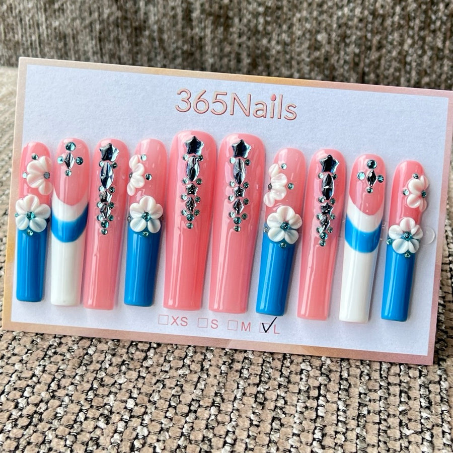 365nails: "Cerulean Garden" – 3D Floral & Color Block Handmade Coffin Nails
