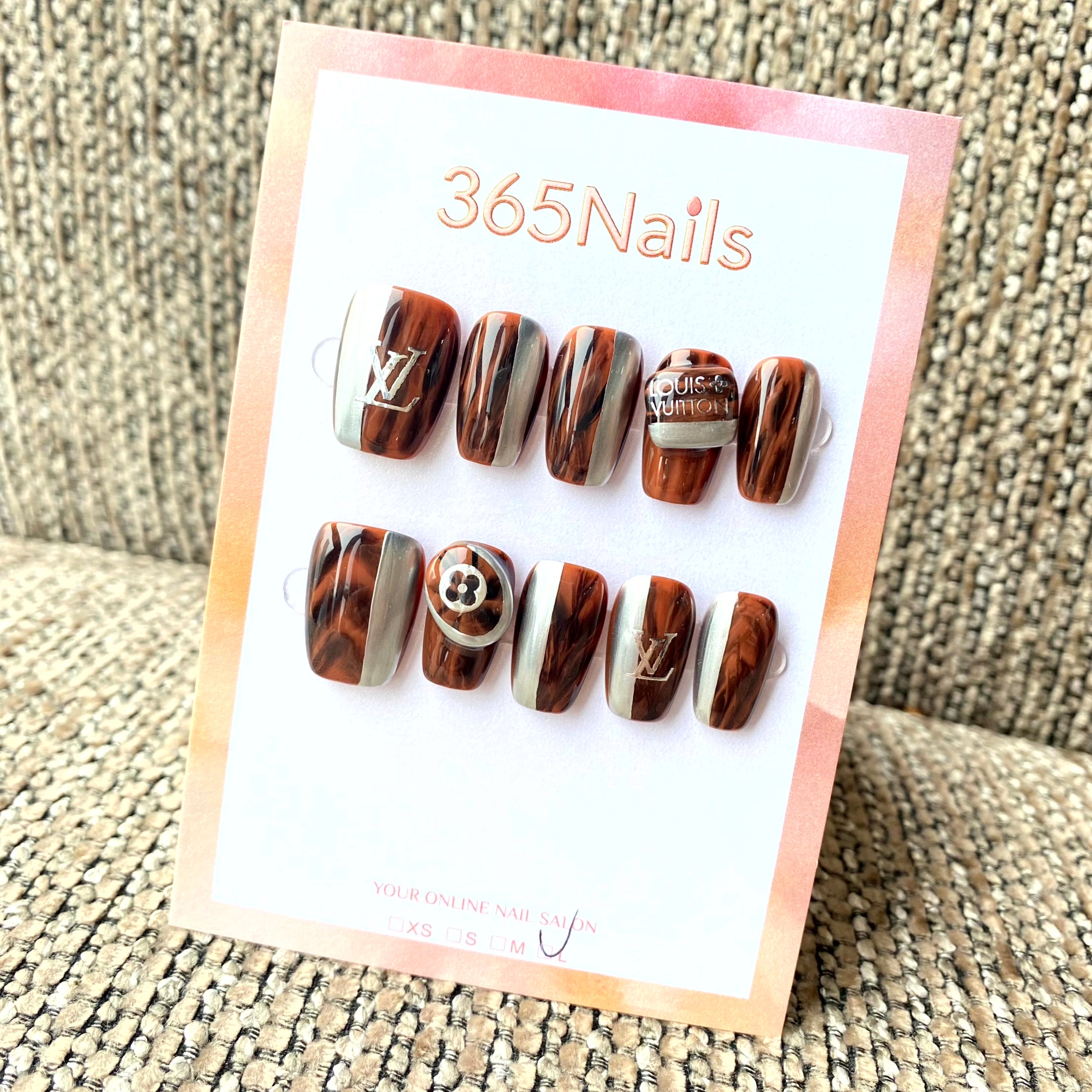 Luxury Logo 365nails: "Tortoiseshell Silver Stripe" – 3D Hardware & Luxury Monogram Handmade Squoval Nails