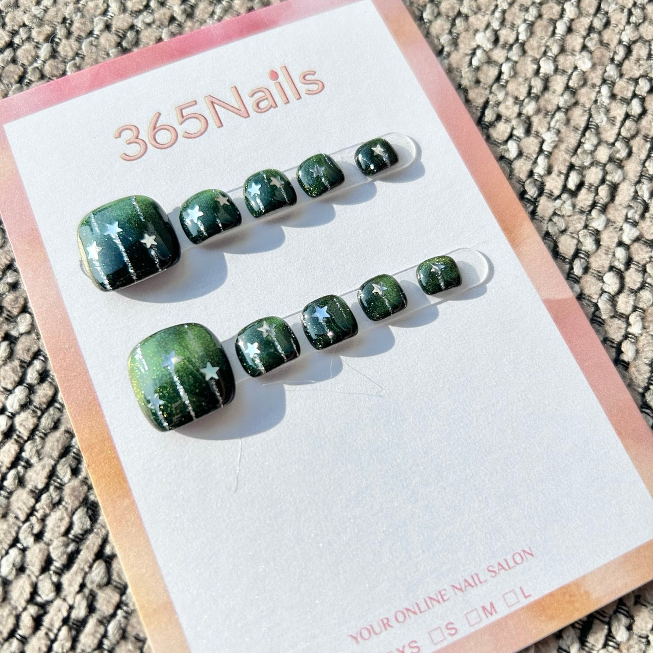 365nails: "emerald meteor shower" – handmade press-on toenails / pedicure