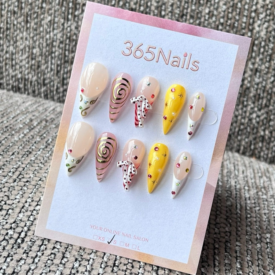 Handmade Stiletto Press-On Nails with 3D Charms & Graphic Designs