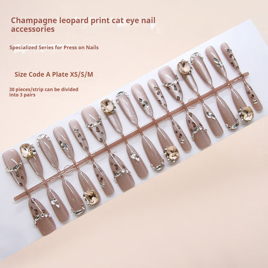 Nail Tips  prefabricated nail temperament flash champagne leopard print cat eye elegant white detachable diamond press on nails 30 pieces｜365nails