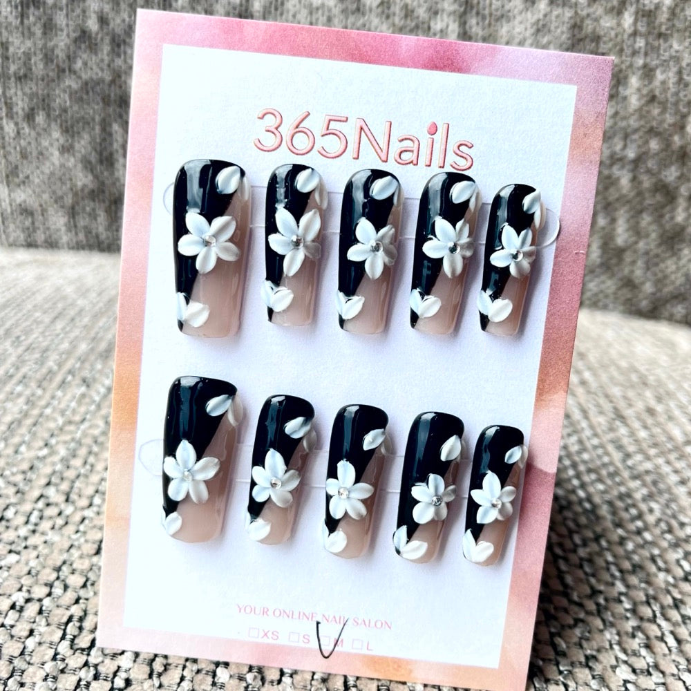 365nails: 한밤의 자스민 – 3D 플로럴 수제 코핀형 프레스온 네일