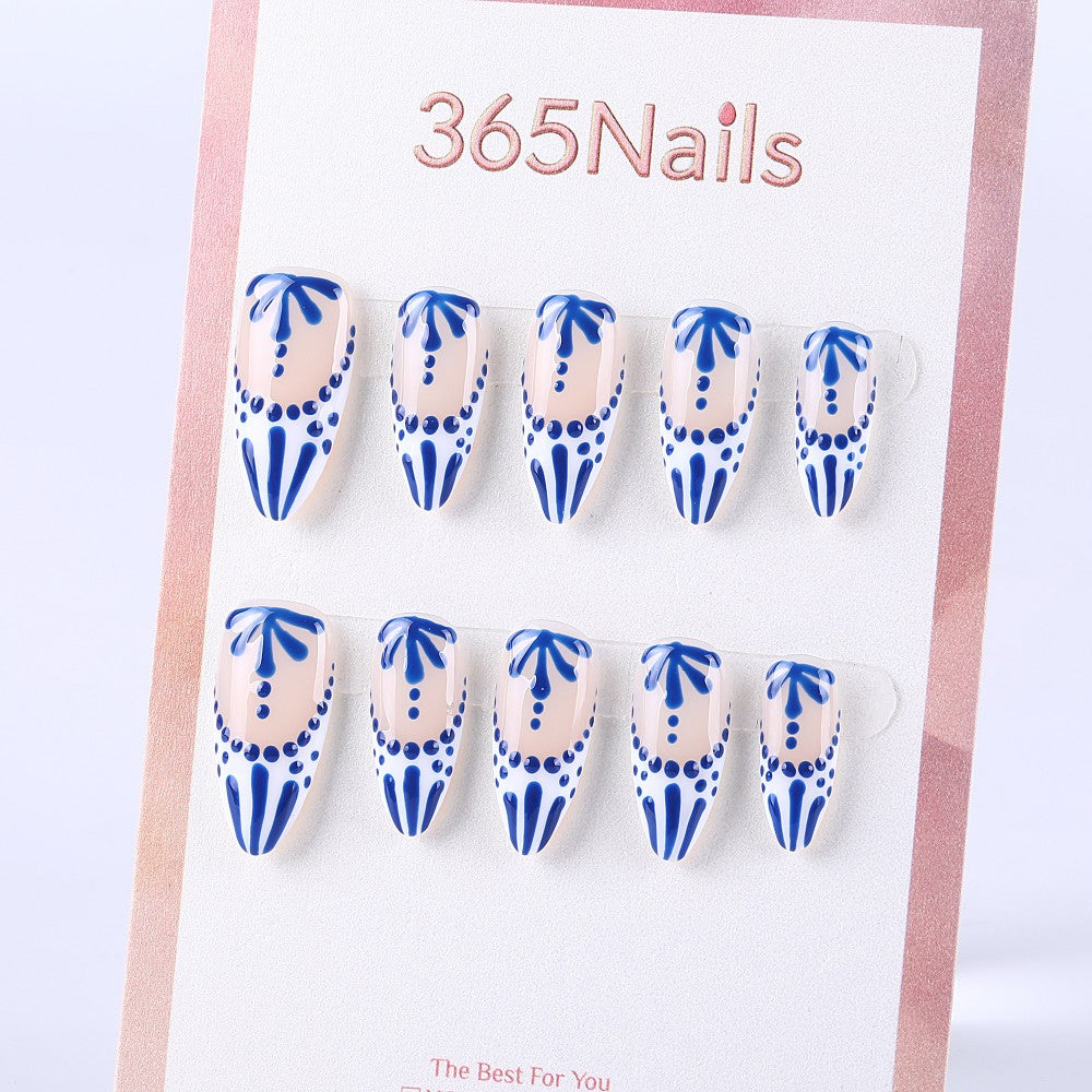 Blue and white porcelain with blue and white dots, hand-painted almond design in the middle Press On Nail