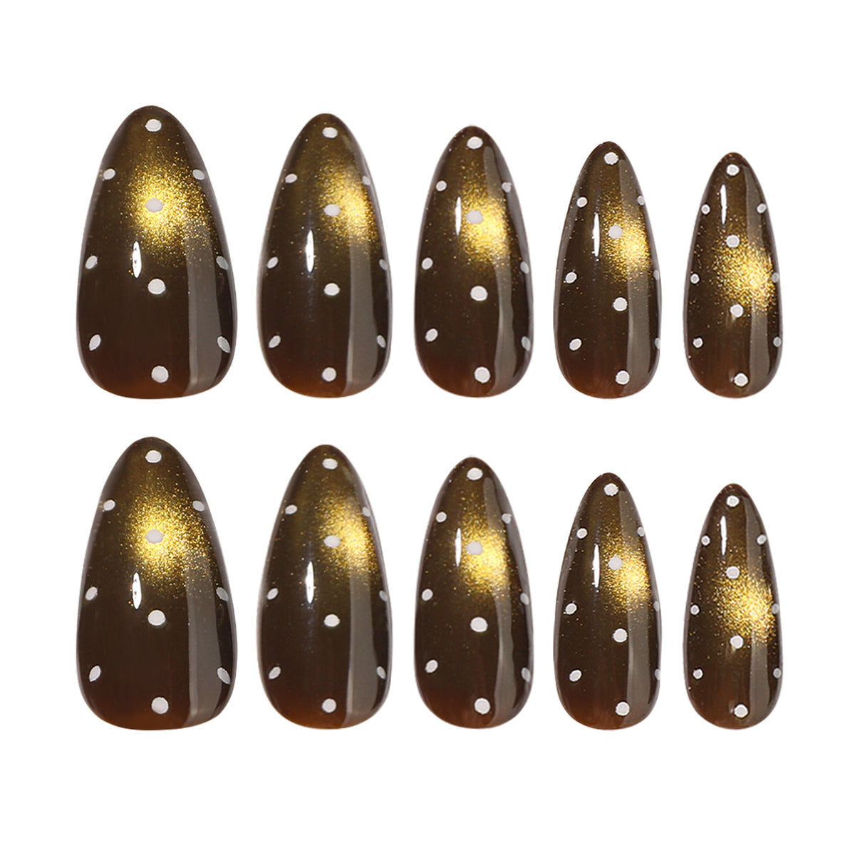 Ten brown almond press-on nails in graduated sizes with white dots and gold cat-eye shine