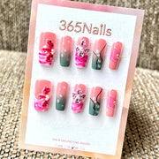 Dégradé floral rose-vert — ongles faits main ultra-doux à ajustement flexible — vente en gros (MOQ=100)
