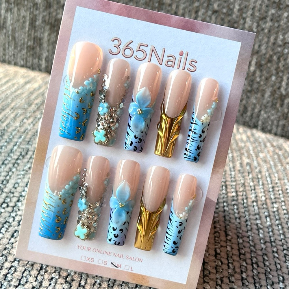 Aqua Gilded Lace - Blue Gold Floral Press-On Nails