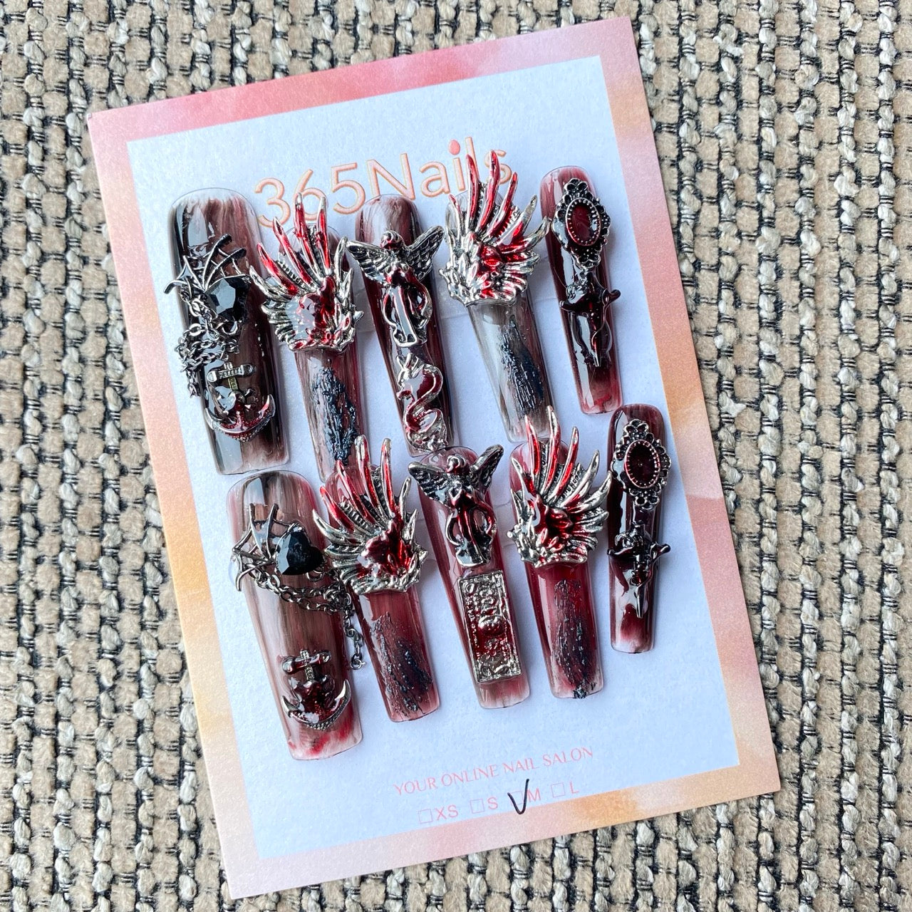 365nails: "Gothic Burgundy Wing Skull Anchor" – handmade press-on pedicure