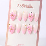 365Nails Sheer Pink Jelly French with 3D Blossom Accents and Pearl Rhinestones – Sweet Medium Almond Press-On Nails