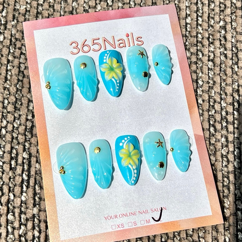 365nails: "Ocean Blue Hibiscus Shell 3D" – Handmade Medium Stiletto Press-On Nails