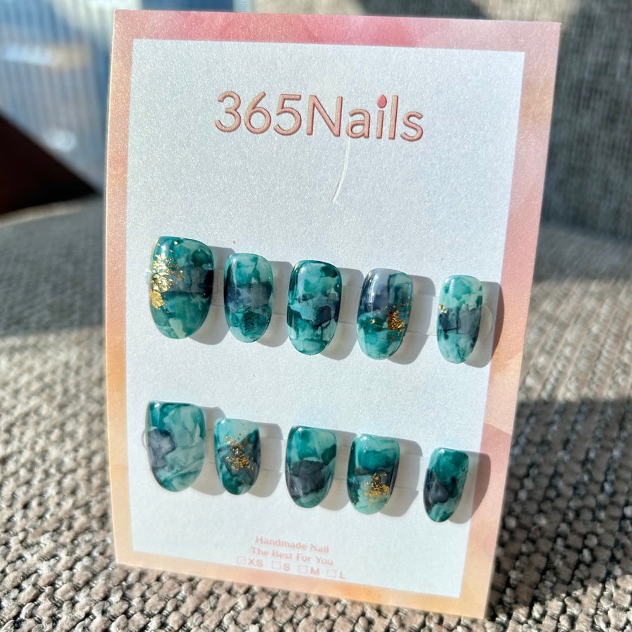 Ink Jade & Gilded Teal Vintage Dark Emerald Marble Gold Foil Nails ｜ Handmade Smudge Series(moq=30)